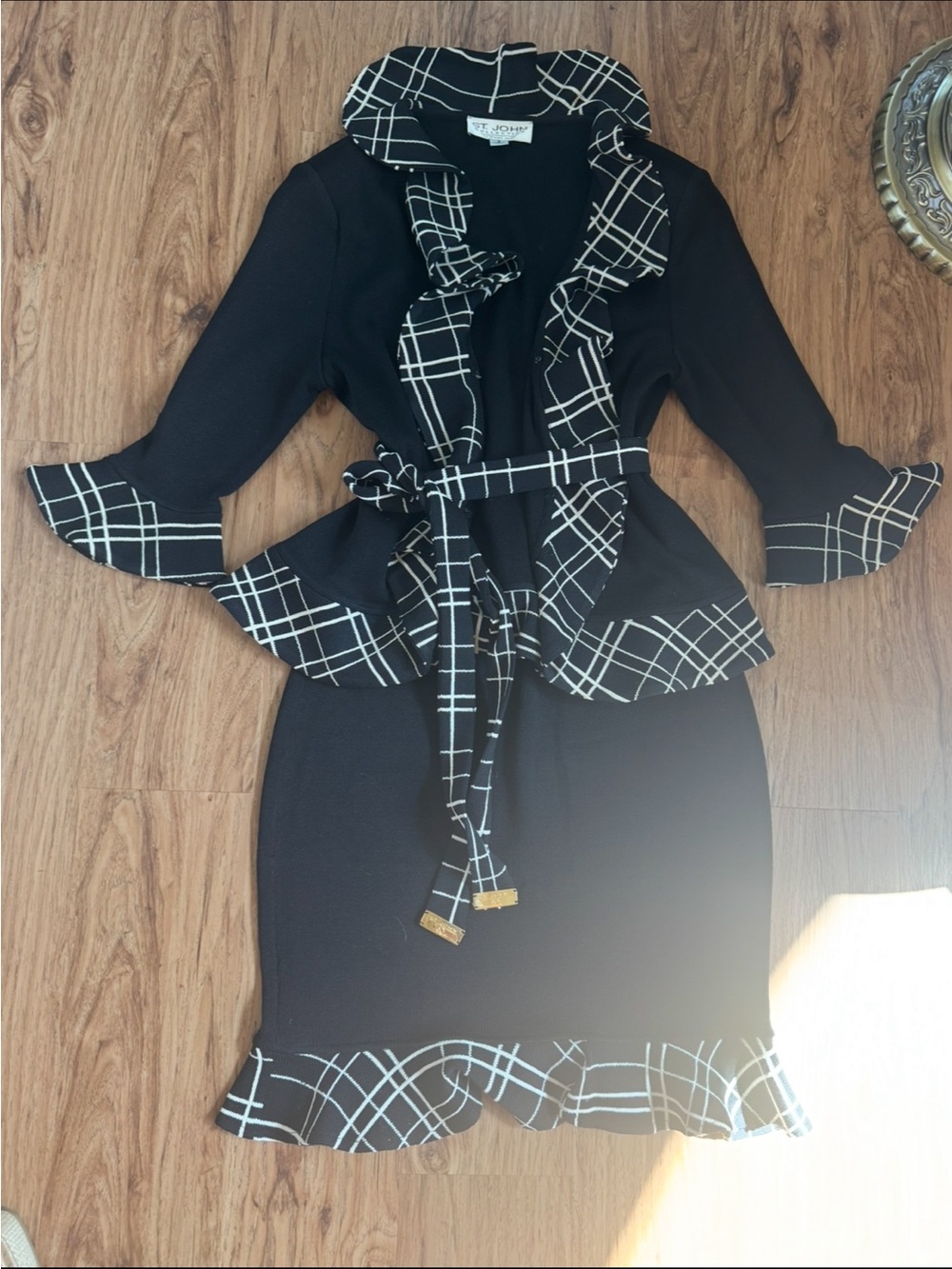 St John Collection ruffle Black and White skirt suit with Belt